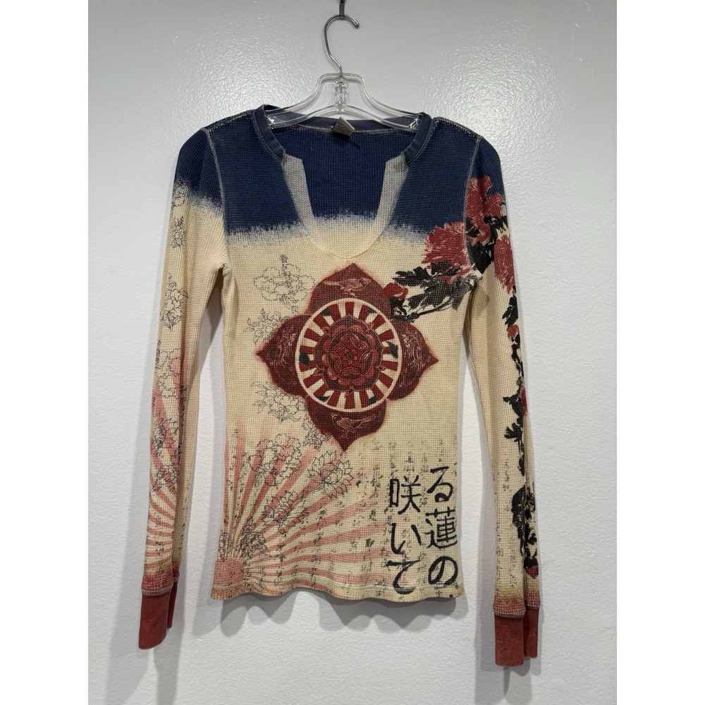 Vintage Lucky Brand Y2K Thermal Long Sleeve Top Asian Inspired Size Small RARE